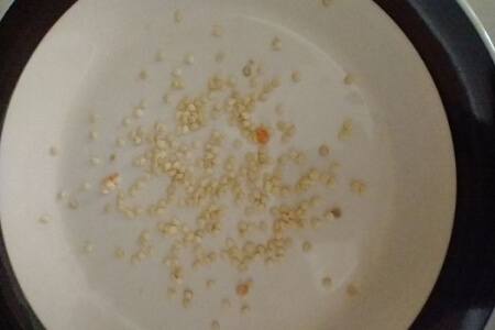 Collected bell pepper seeds on a plate.