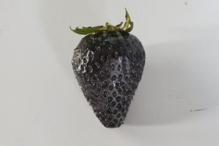 A red strawberry painted black.